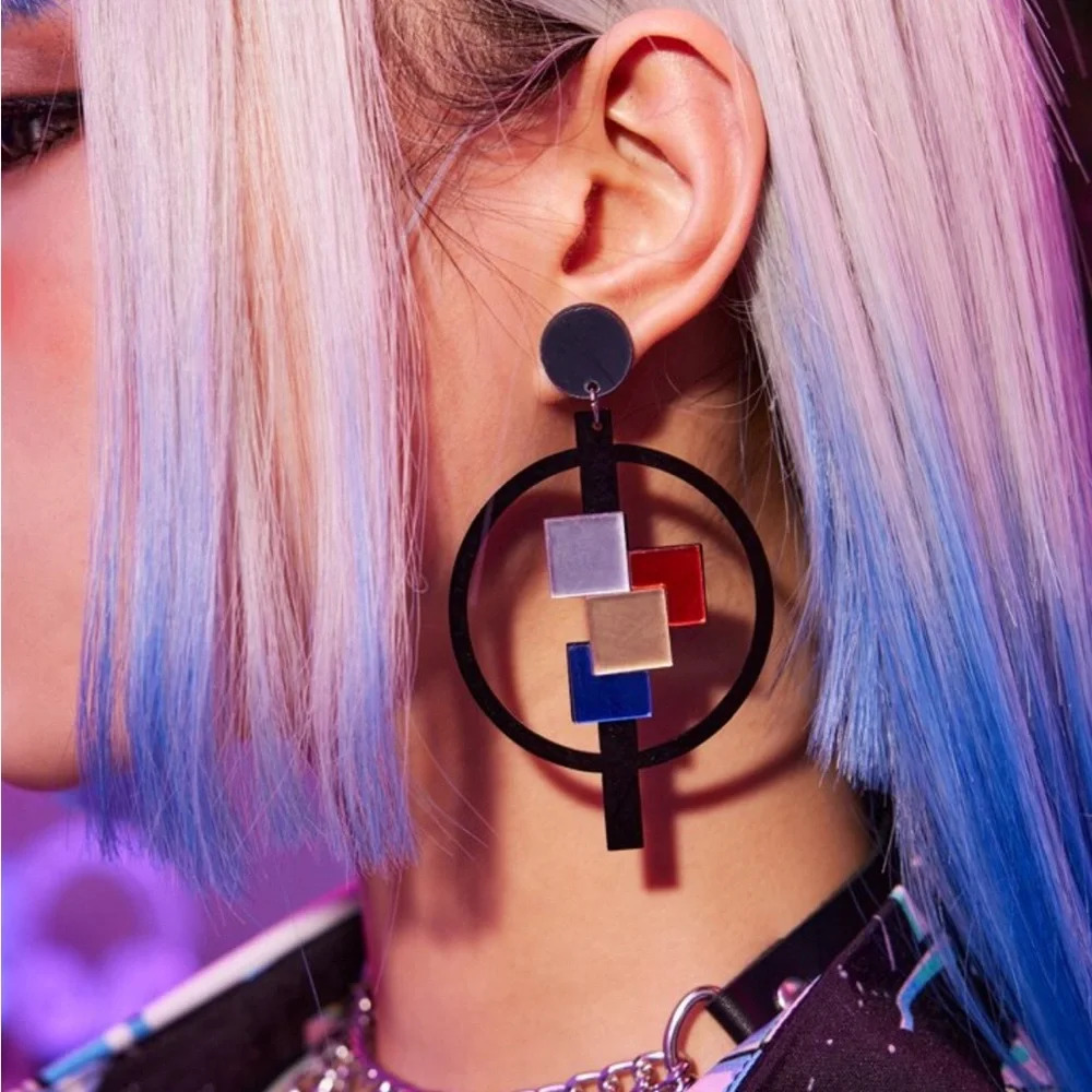 2/$30šµ Mirrored Acrylic Pop Art Earrings Geo Square Circle Color Block Mosaic - Picture 9 of 10